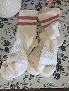 Medium Bombas White Crew Socks with Rose-Pink Double Stripes